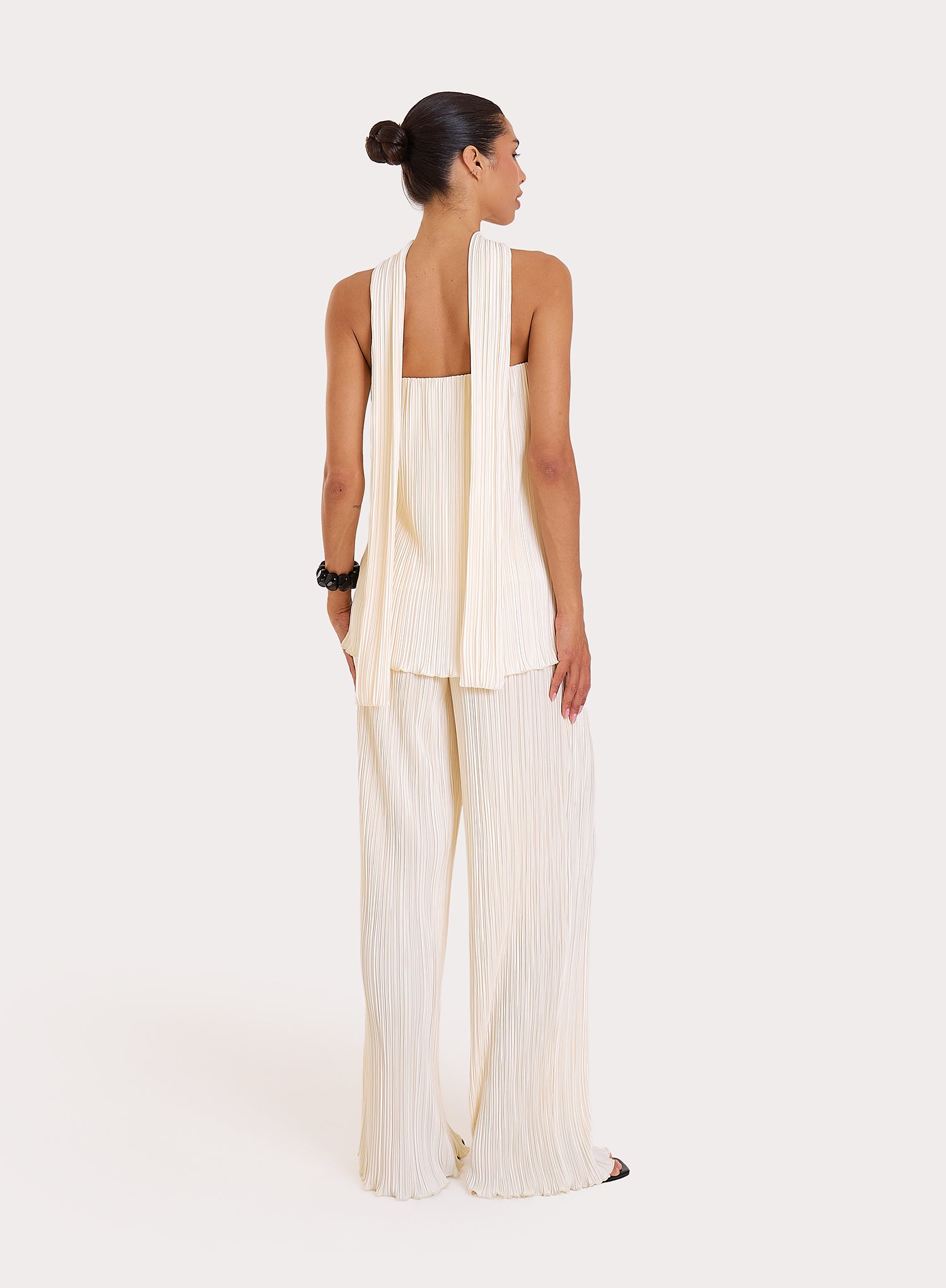 Cream Elasticated Waist Wide Leg Plisse Trousers